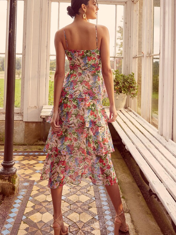 Love & Roses Pink Floral Print Tiered Cami Midi Dress - Image 3 of 4