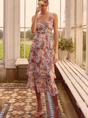 Love & Roses Pink Floral Print Tiered Cami Midi Dress - Image 4 of 4