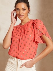Love & Roses Coral Pink Metallic Tulip Sleeve Lace Trim Round Neck Top - Image 1 of 4