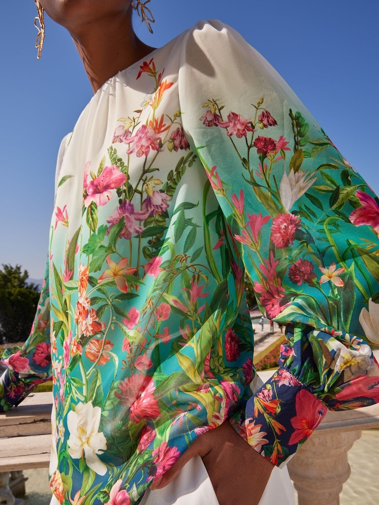 V&A | Love & Roses Ivory Printed Ruched High Neck Long Sleeve Chiffon Blouse - Image 4 of 4 V&A | Love & Roses Ivory Printed Ruched High Neck Long Sleeve Chiffon Blouse - Image 4 of 4