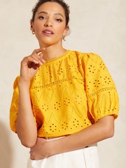 Love & Roses Yellow Broderie Round Neck Lace Trim Puff Sleeve Top - Image 1 of 4