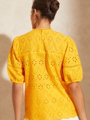 Love & Roses Yellow Broderie Round Neck Lace Trim Puff Sleeve Top - Image 3 of 4