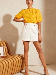 Love & Roses Yellow Broderie Round Neck Lace Trim Puff Sleeve Top - Image 4 of 4
