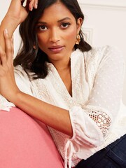 Love & Roses Ivory Petite Ruffle Neck Lace Trim Tie Cuff 3/4 Sleeve Dobby Spot Blouse - Image 2 of 4