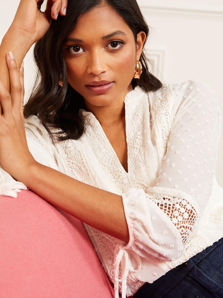 Love & Roses Ivory Petite Ruffle Neck Lace Trim Tie Cuff 3/4 Sleeve Dobby Spot Blouse - Image 2 of 4