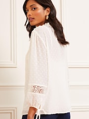 Love & Roses Ivory Petite Ruffle Neck Lace Trim Tie Cuff 3/4 Sleeve Dobby Spot Blouse - Image 3 of 4