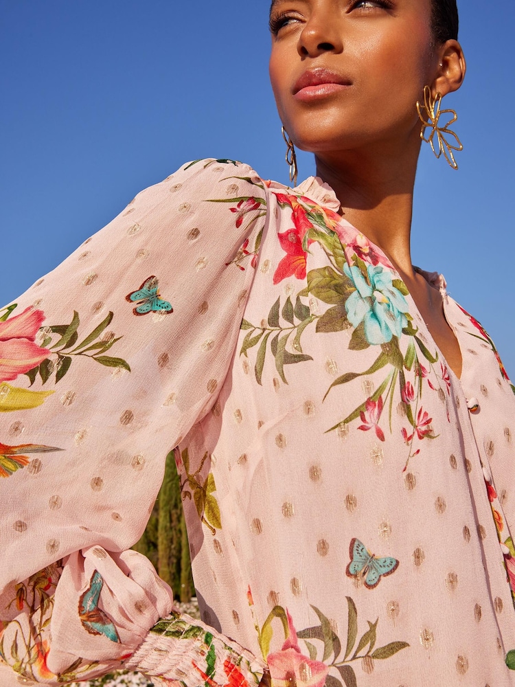 V&A | Love & Roses Pink Floral Printed Ruffle Ruffle Neck Metallic Spot Long Sleeve Blouse - Image 1 of 4