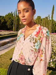 V&A | Love & Roses Pink Floral Printed Ruffle Ruffle Neck Metallic Spot Long Sleeve Blouse - Image 3 of 4