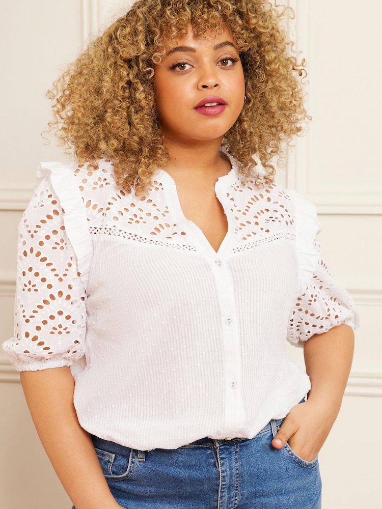 Love & Roses Ivory White Curve Broderie V Neck Ruffle Yoke Puff Sleeve Blouse - Image 1 of 4