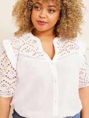 Love & Roses Ivory White Curve Broderie V Neck Ruffle Yoke Puff Sleeve Blouse - Image 2 of 4