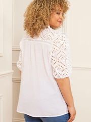 Love & Roses Ivory White Curve Broderie V Neck Ruffle Yoke Puff Sleeve Blouse - Image 3 of 4
