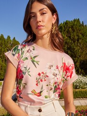 V&A | Love & Roses Pink Floral Woven Mix Roll Sleeve T-Shirt - Image 1 of 4
