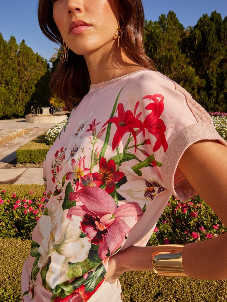 V&A | Love & Roses Pink Floral Woven Mix Roll Sleeve T-Shirt - Image 2 of 4 V&A | Love & Roses Pink Floral Woven Mix Roll Sleeve T-Shirt - Image 2 of 4