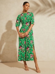 V&A | Love & Roses Green Floral Printed Empire Puff Sleeve Split Midi Dress - Image 1 of 4