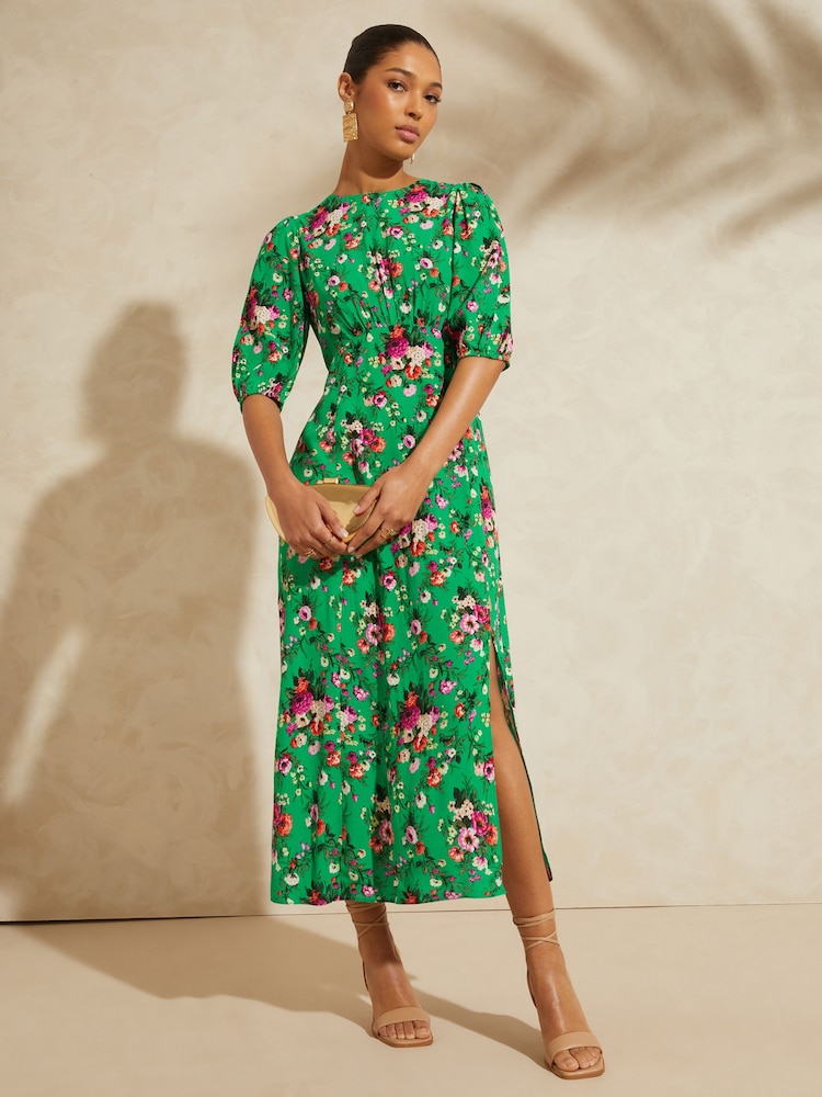 V&A | Love & Roses Green Floral Printed Empire Puff Sleeve Split Midi Dress - Image 1 of 4