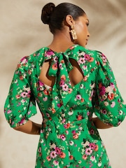 V&A | Love & Roses Green Floral Printed Empire Puff Sleeve Split Midi Dress - Image 2 of 4
