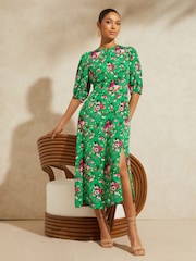 V&A | Love & Roses Green Floral Printed Empire Puff Sleeve Split Midi Dress - Image 4 of 4
