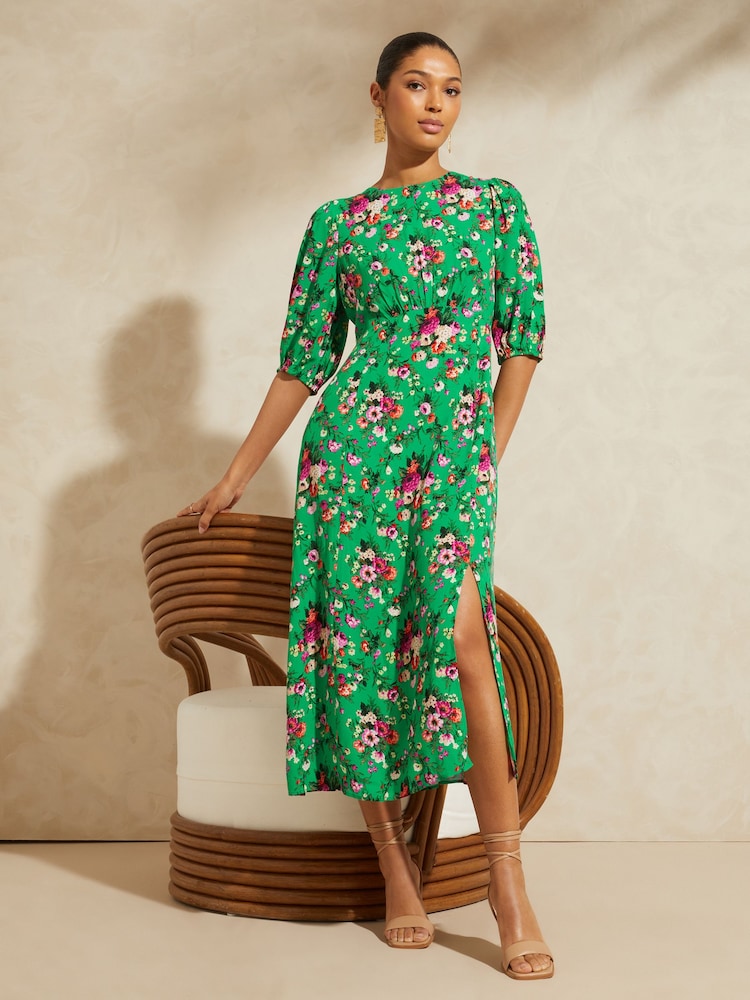 V&A | Love & Roses Green Floral Printed Empire Puff Sleeve Split Midi Dress - Image 4 of 4