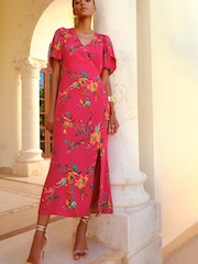 Love & Roses Pink Floral Flutter Sleeve V Neck Tie Back Split Midi Dress - Image 1 of 4