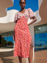 Love & Roses Pink Animal Petite Printed Empire V Neck Wrap Short Sleeve Midi Dress - Image 1 of 4