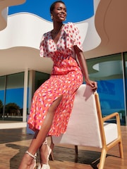 Love & Roses Pink Animal Petite Printed Empire V Neck Wrap Short Sleeve Midi Dress - Image 3 of 4
