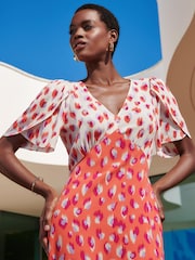 Love & Roses Pink Animal Petite Printed Empire V Neck Wrap Short Sleeve Midi Dress - Image 4 of 4