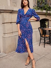 Love & Roses Cobalt Blue Animal V Neck Twist Front Long Sleeve Midi Dress - Image 4 of 4