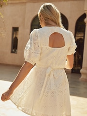 Love & Roses White Broderie Puff Sleeve Belted Mini Summer Dress - Image 2 of 4
