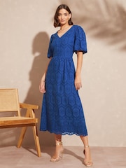 Love & Roses Cobalt Blue Broderie V Neck Puff Sleeve Midi Dress - Image 1 of 4