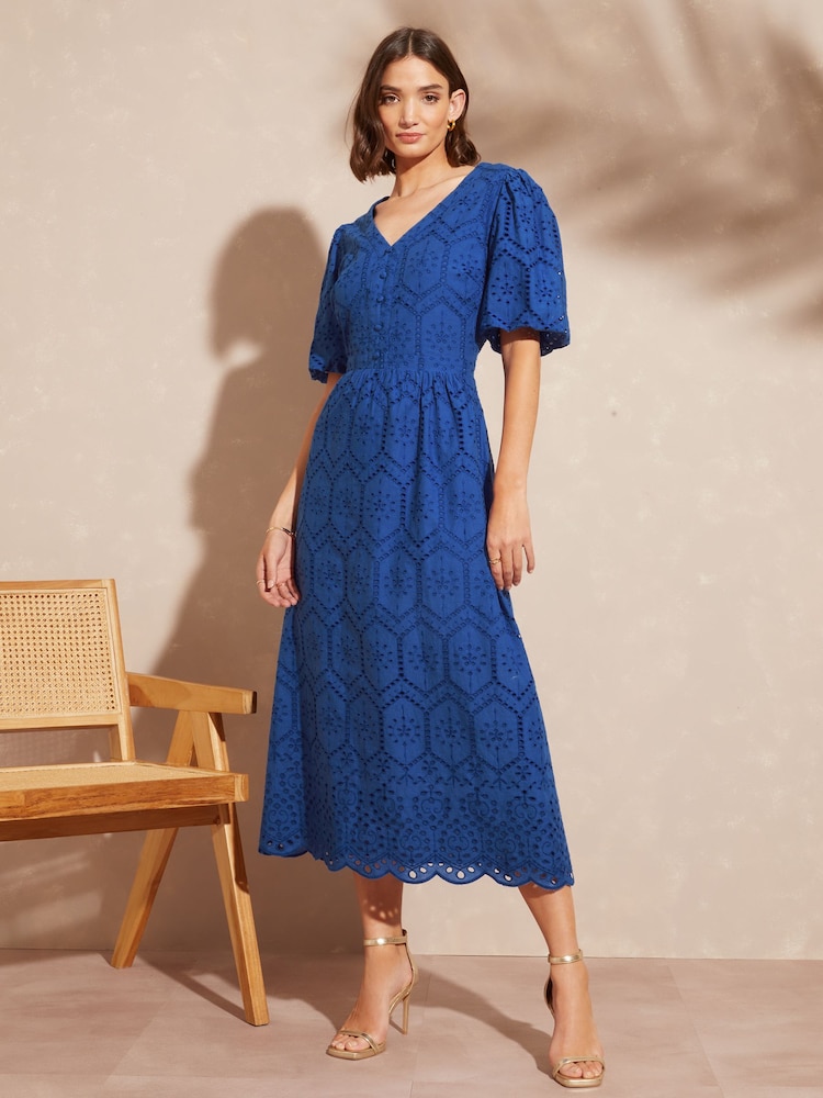 Love & Roses Cobalt Blue Broderie V Neck Puff Sleeve Midi Dress - Image 1 of 4