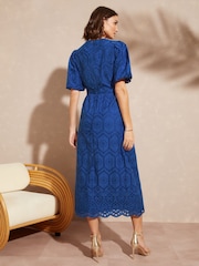 Love & Roses Cobalt Blue Broderie V Neck Puff Sleeve Midi Dress - Image 2 of 4