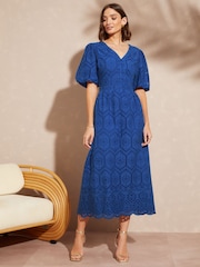 Love & Roses Cobalt Blue Broderie V Neck Puff Sleeve Midi Dress - Image 3 of 4