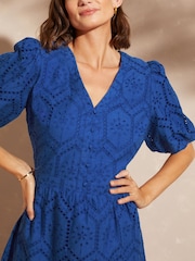 Love & Roses Cobalt Blue Broderie V Neck Puff Sleeve Midi Dress - Image 4 of 4