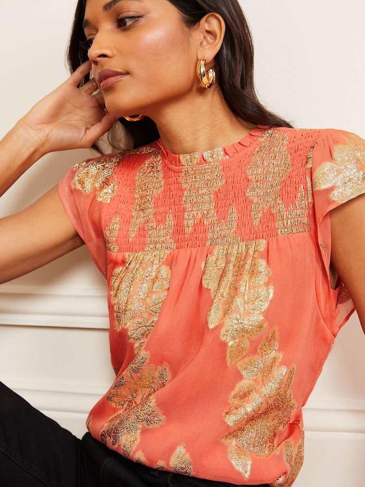 Love & Roses Coral Jacquard Ruffle Short Sleeve Shell Top - Image 1 of 4
