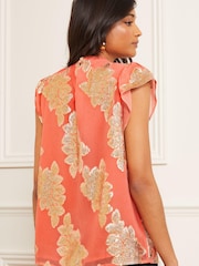 Love & Roses Coral Jacquard Ruffle Short Sleeve Shell Top - Image 3 of 4