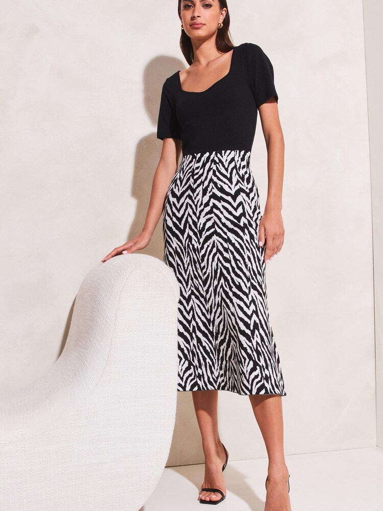 Lipsy Zebra Animal Print Sweetheart Neckline Knitted Midi Dress - Image 1 of 4 Lipsy Zebra Animal Print Sweetheart Neckline Knitted Midi Dress - Image 1 of 4