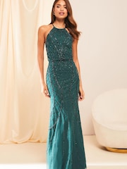 Lipsy Forrest Green Petite Kate Hand Embellished Sequin Halter Bridesmaid Maxi Dress - Image 1 of 4