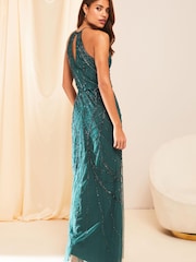 Lipsy Forrest Green Petite Kate Hand Embellished Sequin Halter Bridesmaid Maxi Dress - Image 2 of 4
