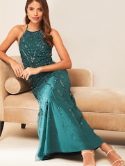 Lipsy Forrest Green Petite Kate Hand Embellished Sequin Halter Bridesmaid Maxi Dress - Image 3 of 4