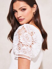 Lipsy Ivory White Broderie Puff Sleeve Knitted Top - Image 4 of 4