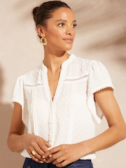 Love & Roses Ivory Dobby Spot Ruffle V Neck Flutter Sleeve Blouse - Image 1 of 4