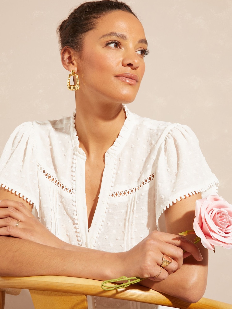 Love & Roses Ivory Dobby Spot Ruffle V Neck Flutter Sleeve Blouse - Image 2 of 4