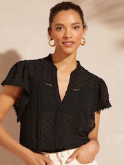 Love & Roses Black Dobby Spot Ruffle V Neck Flutter Sleeve Blouse - Image 1 of 4