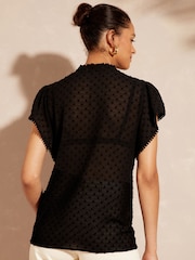 Love & Roses Black Dobby Spot Ruffle V Neck Flutter Sleeve Blouse - Image 3 of 4