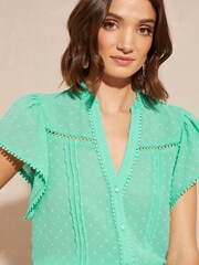 Love & Roses Seafoam Green Dobby Ruffle V Neck Flutter Sleeve Blouse - Image 1 of 4