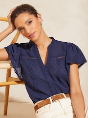 Love & Roses Navy Dobby Spot Ruffle V Neck Flutter Sleeve Blouse - Image 1 of 4