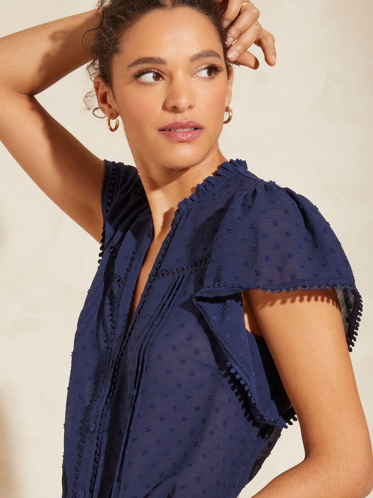 Love & Roses Navy Dobby Spot Ruffle V Neck Flutter Sleeve Blouse - Image 2 of 4