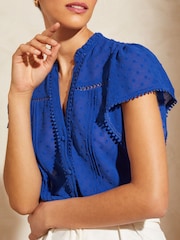 Love & Roses Cobalt Blue Dobby Spot Ruffle V Neck Flutter Sleeve Blouse - Image 1 of 2