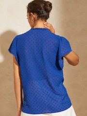 Love & Roses Cobalt Blue Dobby Spot Ruffle V Neck Flutter Sleeve Blouse - Image 2 of 2