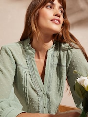 Love & Roses Sage Green Dobby Spot Lace Trim 3/4 Sleeve Button Through Blouse - Image 2 of 4